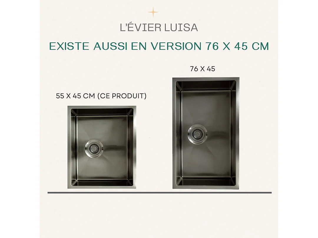 Luisa évier 1 grande cuve seule 76x45 en inox gris gun métal - Essebagno
