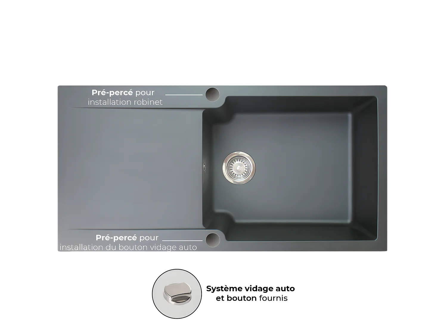 Lisse évier réversible 1 grande cuve 1 égouttoir en résine noir - Essebagno