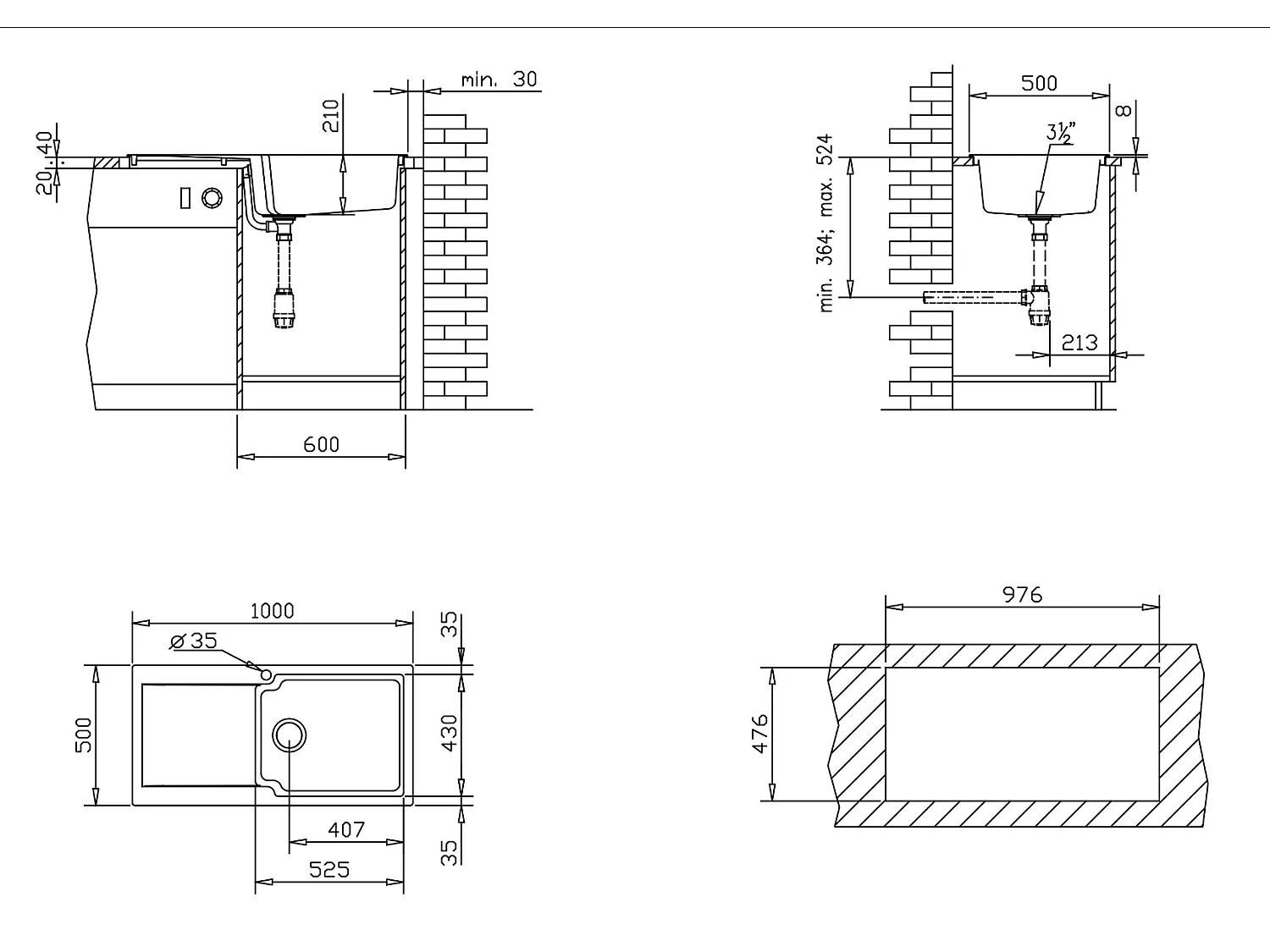 Lisse umkehrbare Spüle 1 großes Becken 1 Abtropfbecken aus schwarzes Harz Essebagno