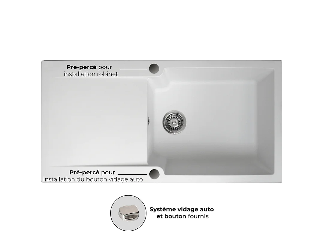 Lisse évier réversible 1 grande cuve 1 égouttoir en résine blanc - Essebagno