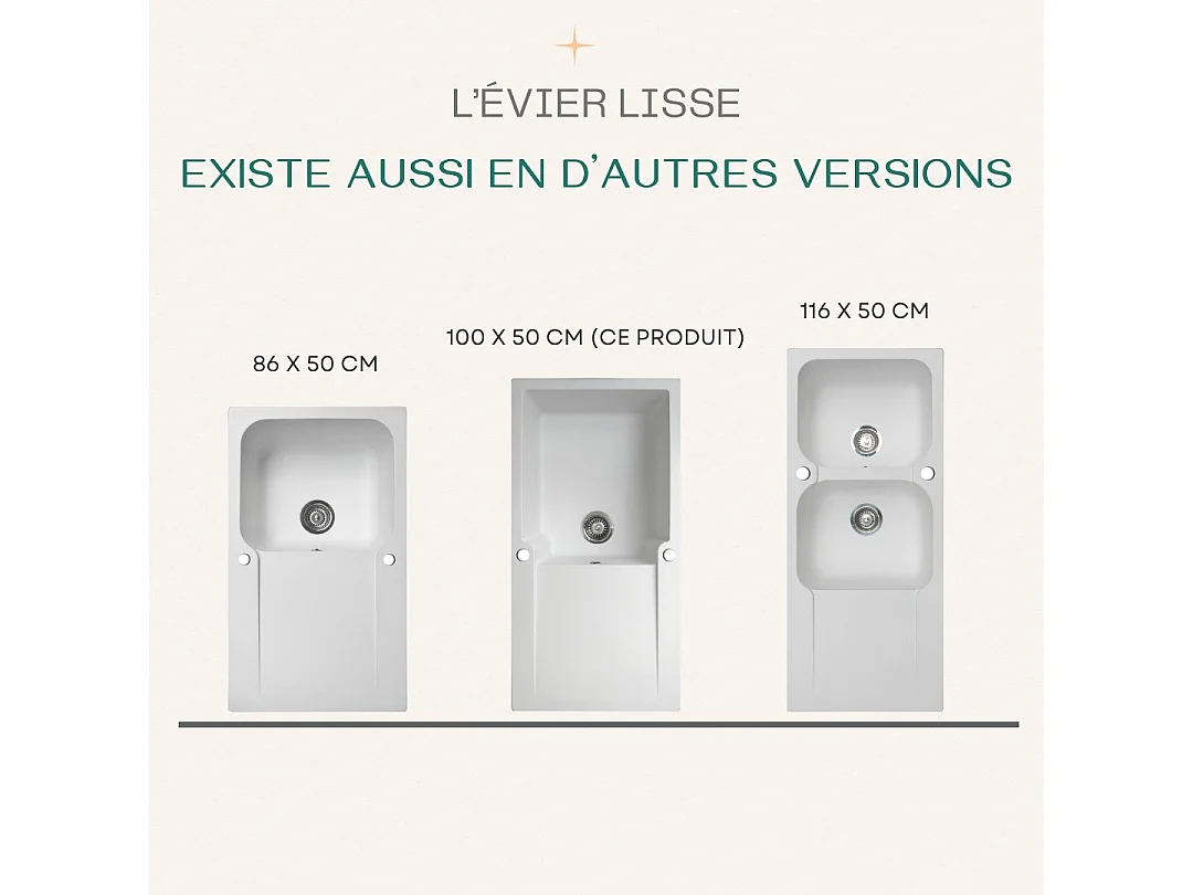 Lisse évier réversible 1 grande cuve 1 égouttoir en résine blanc - Essebagno