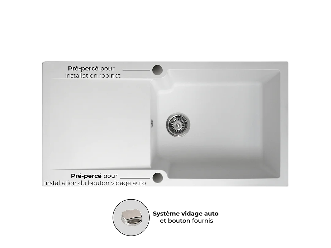 Lisse évier réversible 1 grande cuve 1 égouttoir en résine blanc - Essebagno