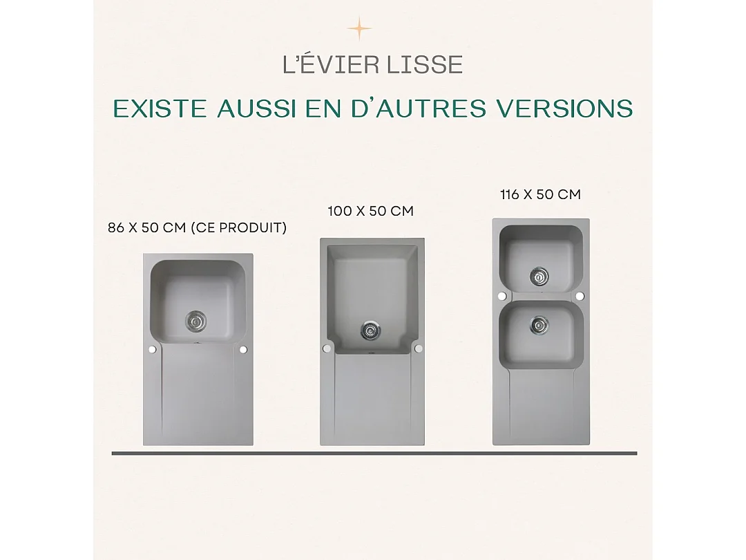 Lisse évier réversible 1 cuve 1 égouttoir en résine gris - Essebagno
