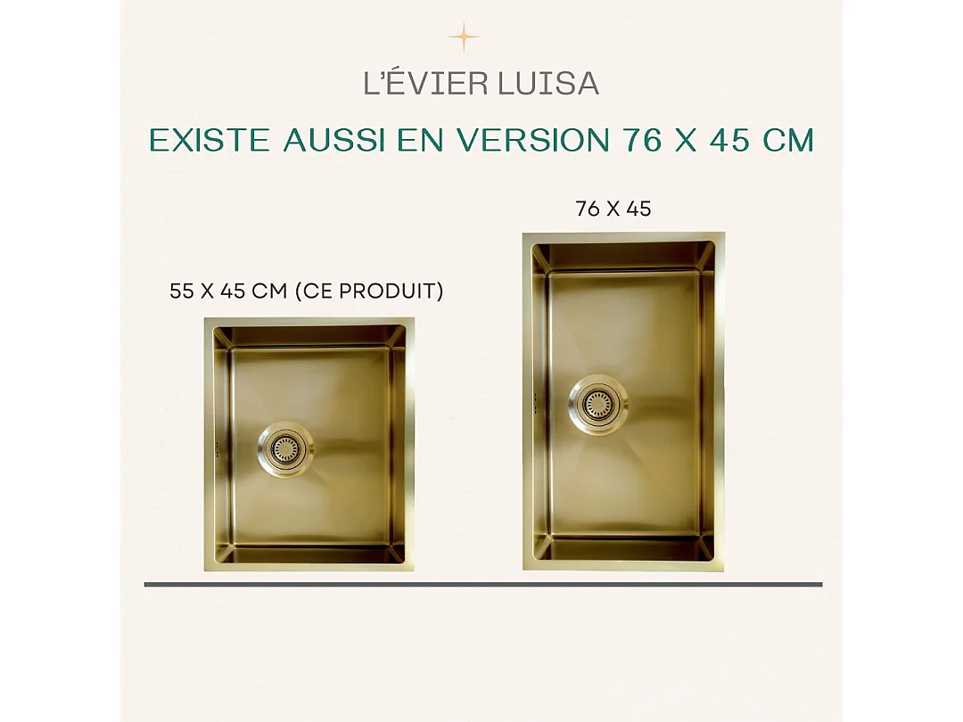 Luisa évier 1 grande cuve seule 76x45 en inox or brossé - Essebagno