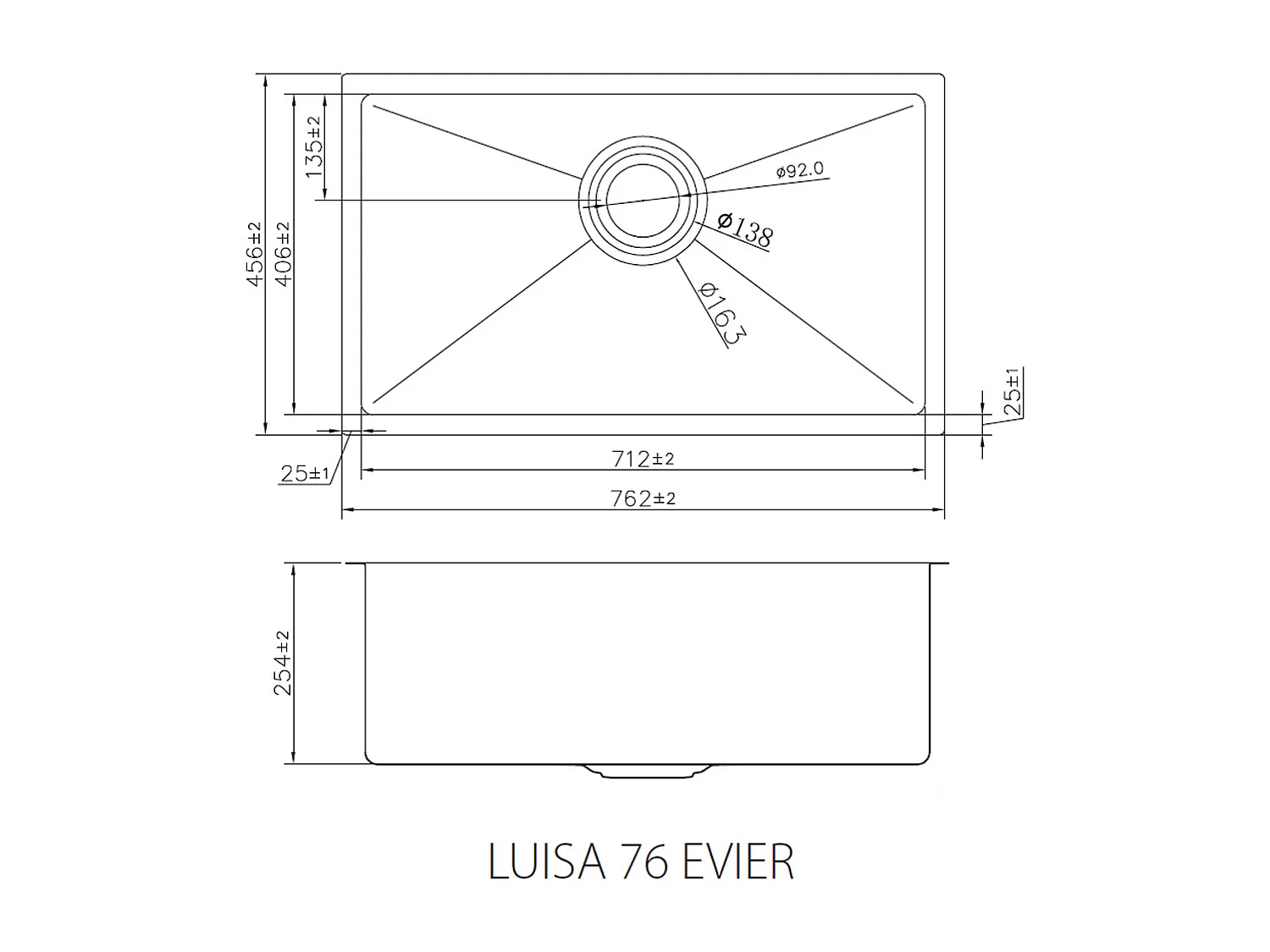 Luisa évier 1 grande cuve seule 76x45 en inox or brossé - Essebagno
