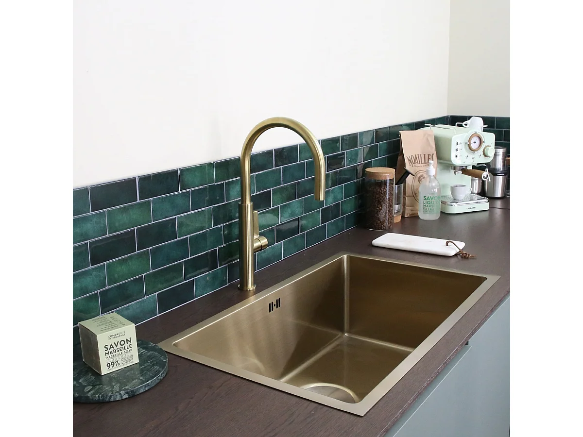 Luisa spoelbak 1 grote spoelbak 76x45 in geborsteld goud roestvrij staal - Essebagno