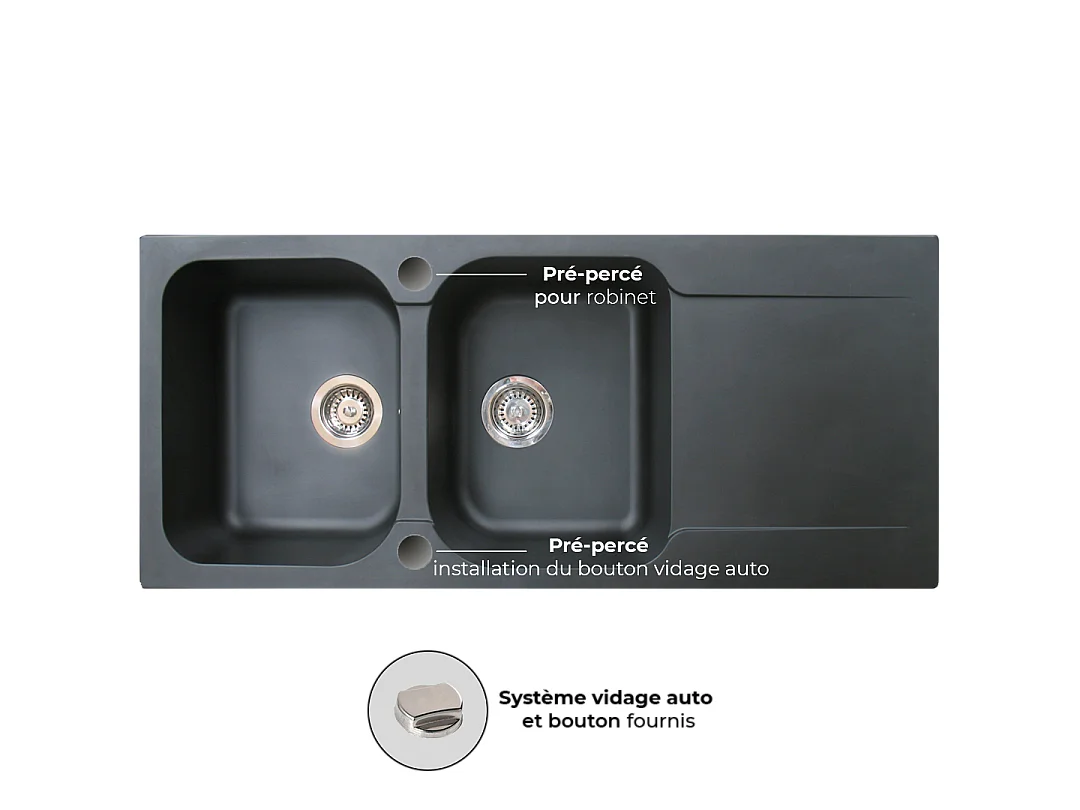 Lisse évier réversible 2 cuves 1 égouttoir en résine noir - Essebagno