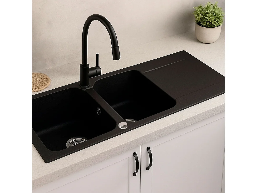 Lisse umkehrbare Spüle 2 Becken 1 Abtropfbecken aus schwarzes Harz Essebagno