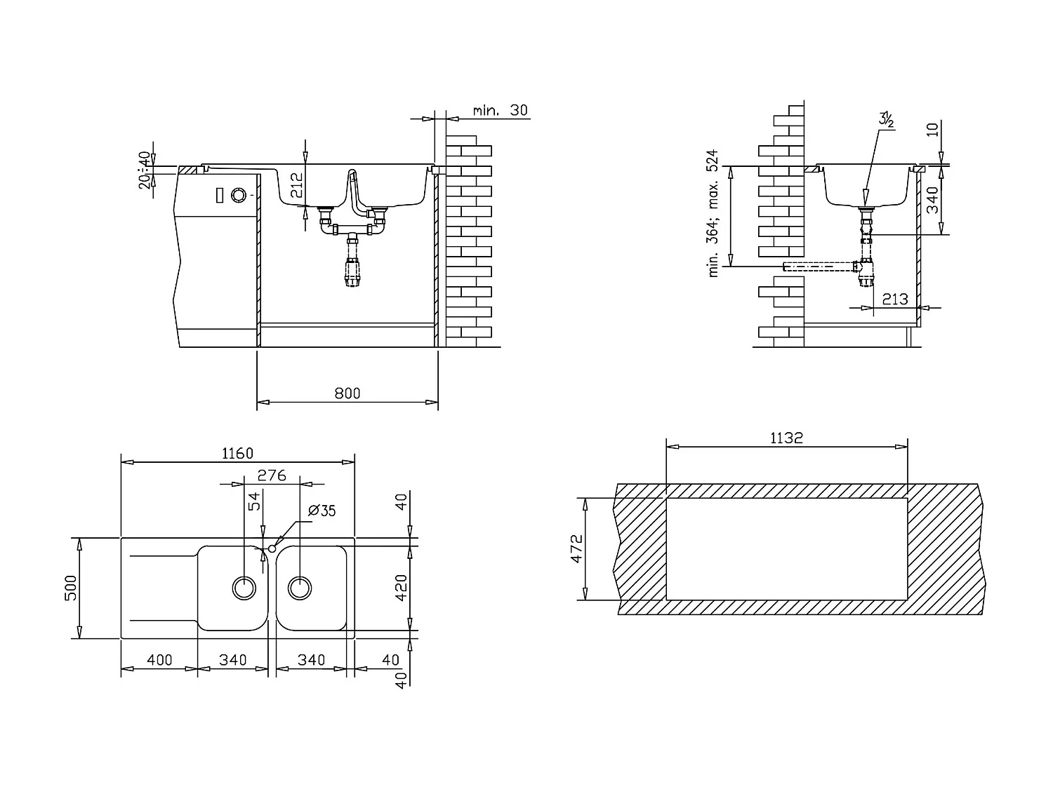 Lisse umkehrbare Spüle 2 Becken 1 Abtropfbecken aus schwarzes Harz Essebagno