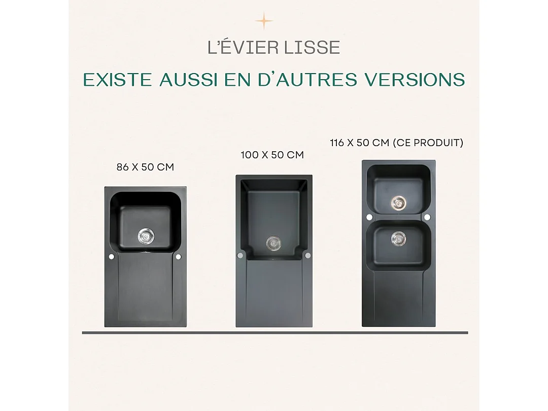 Lisse évier réversible 2 cuves 1 égouttoir en résine noir - Essebagno