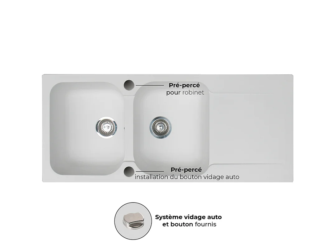 Lisse évier réversible 2 cuves 1 égouttoir en résine blanc - Essebagno