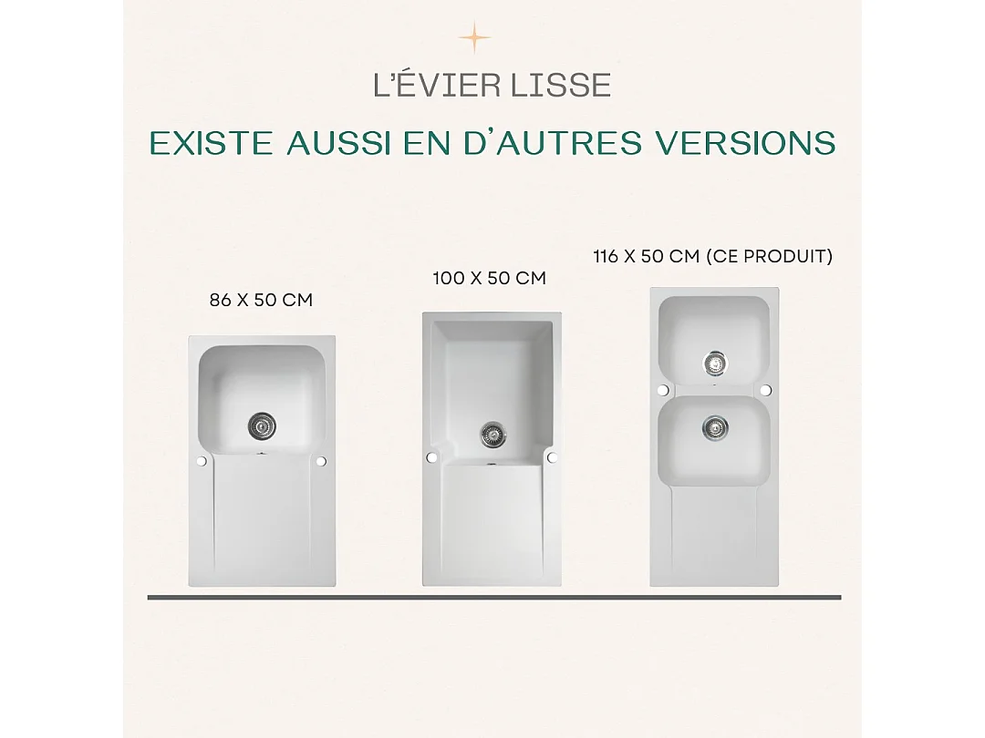 Lisse évier réversible 2 cuves 1 égouttoir en résine blanc - Essebagno