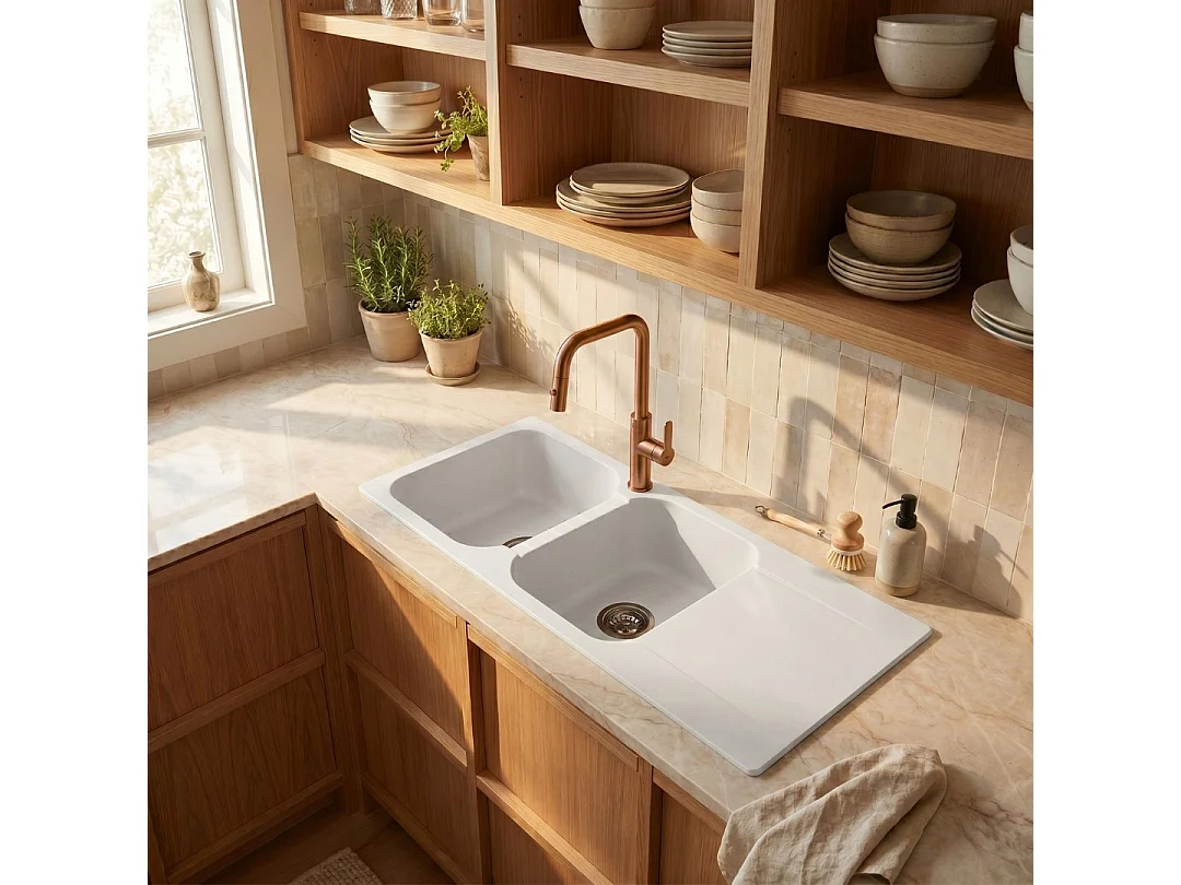 Lisse fregadero reversible 2 cubetas 1 escurridor en resina blanca Essebagno