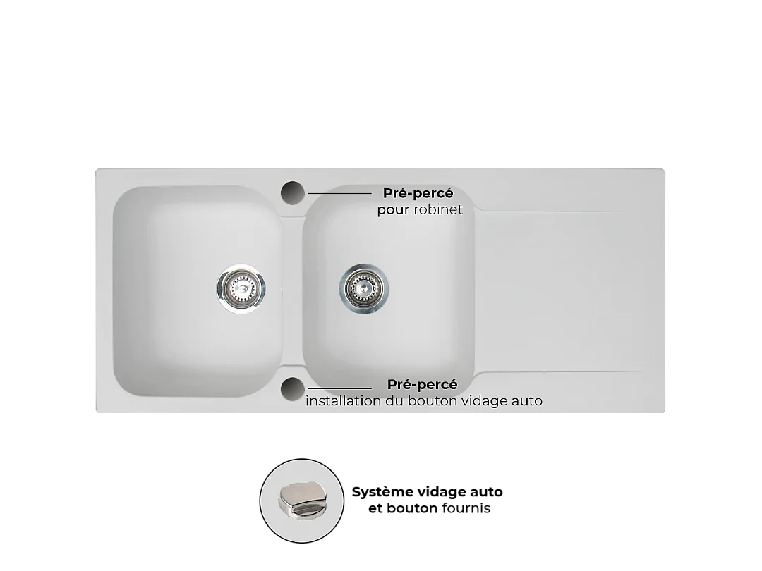 Lisse évier réversible 2 cuves 1 égouttoir en résine blanc - Essebagno