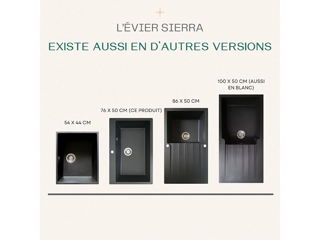 Sierra évier 1 grande cuve seule 76x50 en résine noir - Essebagno
