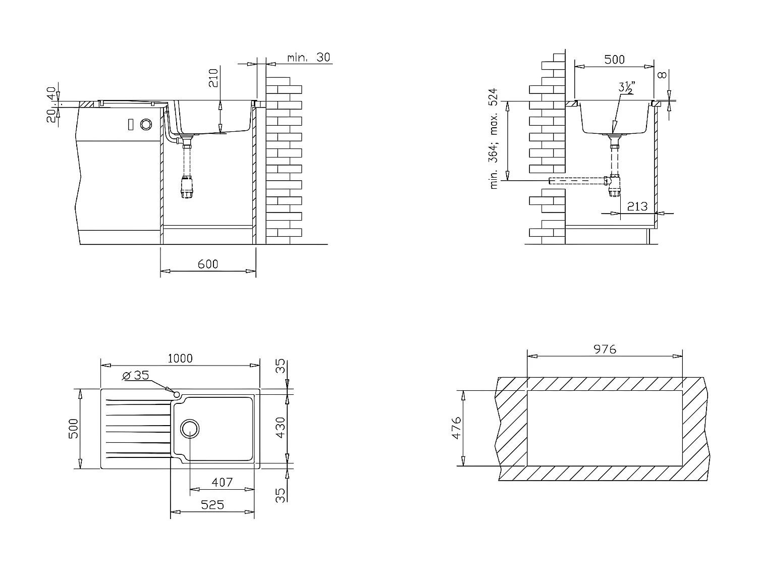 Sierra Spülbecken 1 großes Becken mit Abtropffläche aus schwarzem Kunststoff Essebagno