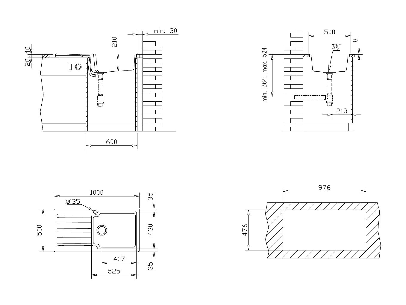 Sierra Spülbecken 1 großes Becken mit Abtropffläche aus schwarzem Kunststoff Essebagno