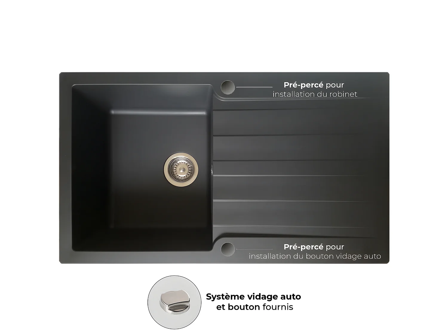 Sierra évier 1 cuve 1 égouttoir en résine noir - Essebagno