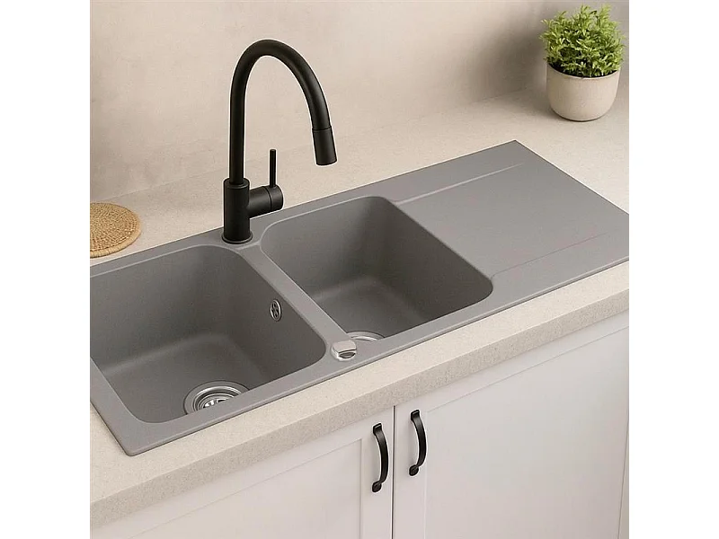 Lisse évier réversible 2 cuves 1 égouttoir en résine gris - Essebagno