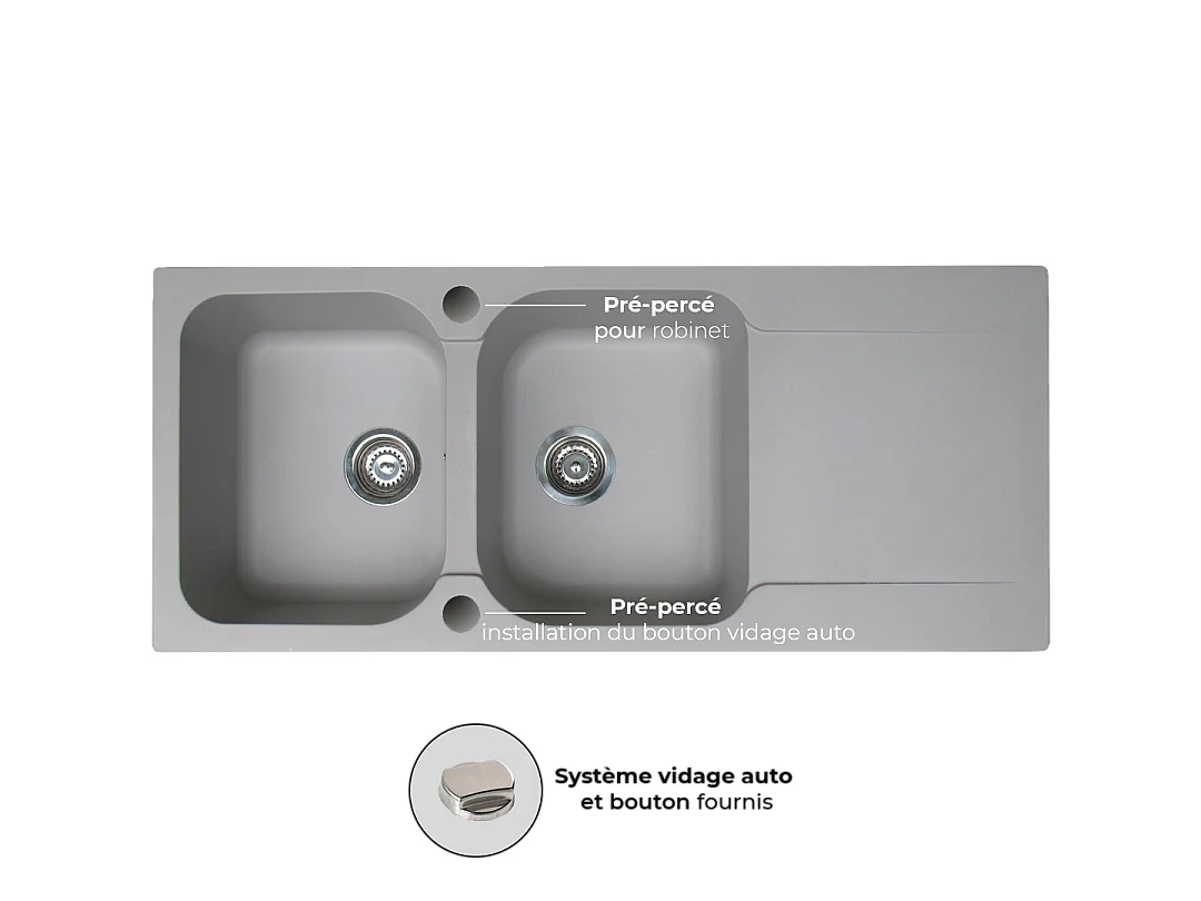 Lisse évier réversible 2 cuves 1 égouttoir en résine gris - Essebagno