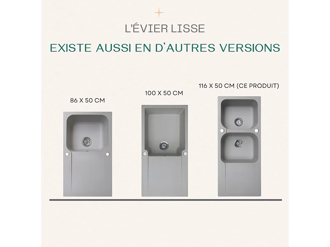 Lisse évier réversible 2 cuves 1 égouttoir en résine gris - Essebagno