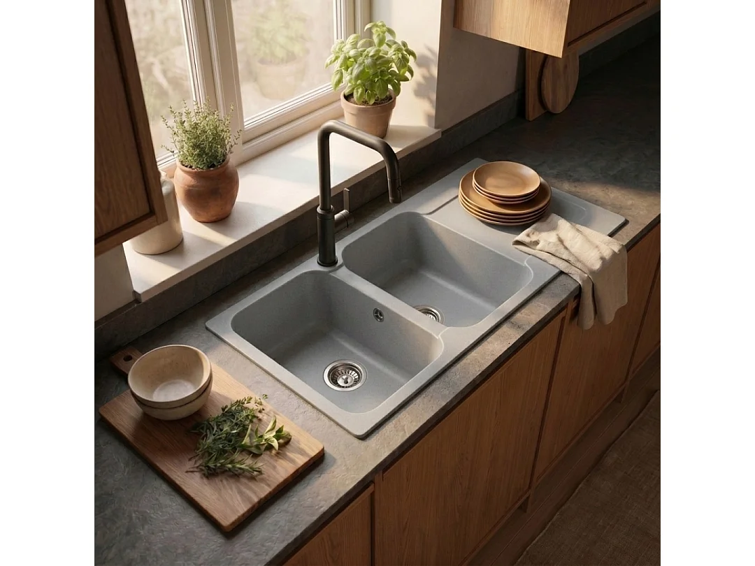 Lisse fregadero reversible 2 cubetas 1 escurridor en resina gris Essebagno