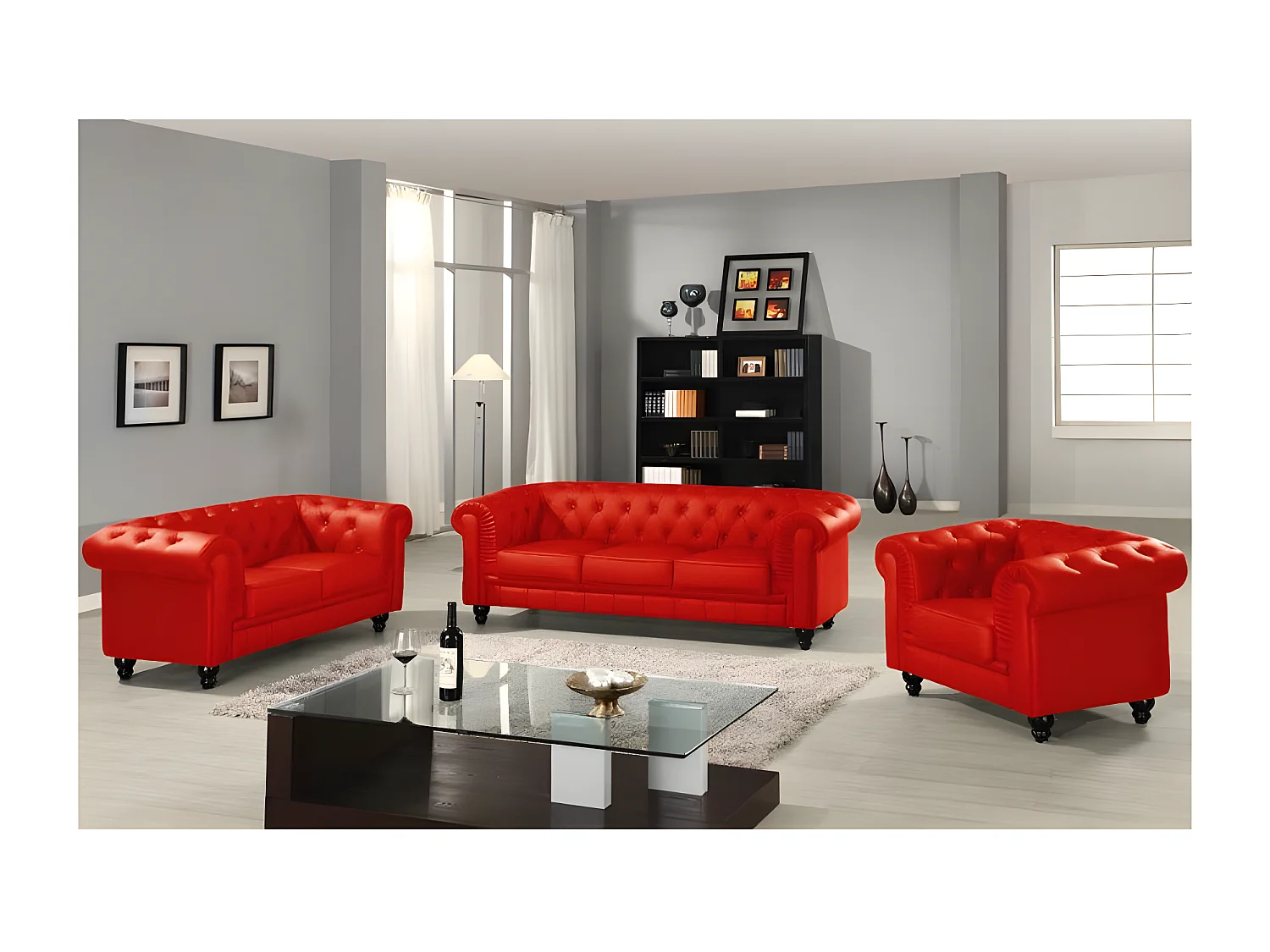 Canapé Chesterfield 3 Places - Couleurs - Pu Rouge, Types De Canapé - 3 Places Chesterfield