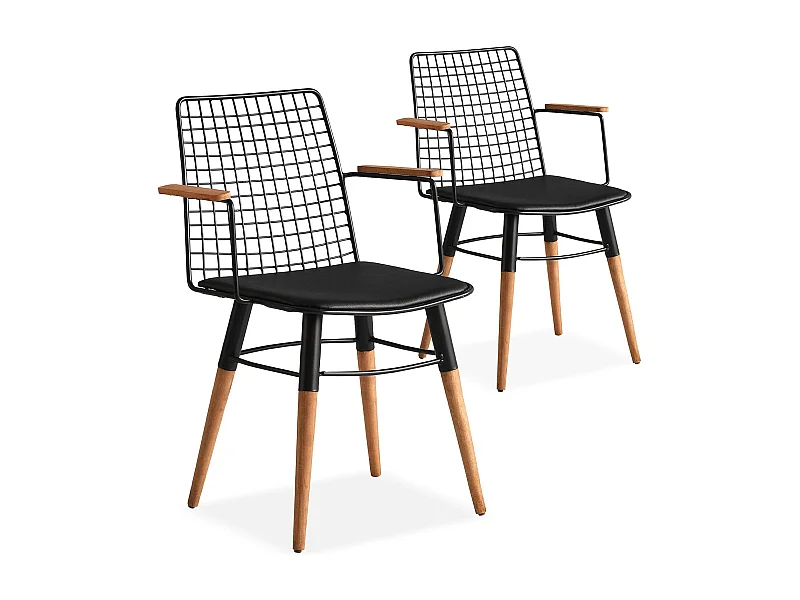 Conjunto de sillas Kailua 1657, Nogal|Negro, 82x43x39cm, Piel natural, Metálico|De madera