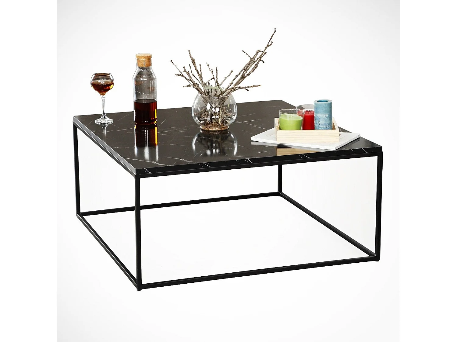 Tavolino da caffè Kailua 1423, Marmo nero, 43x75x75cm, Truciolare laminato, Angolare