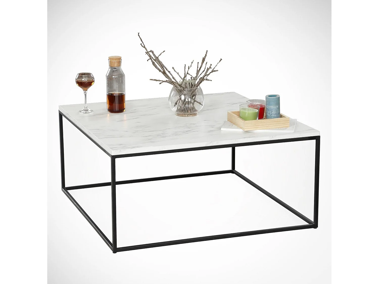 Tavolino da caffè Kailua 1423, Marmo bianco, 43x75x75cm, Truciolare laminato, Angolare