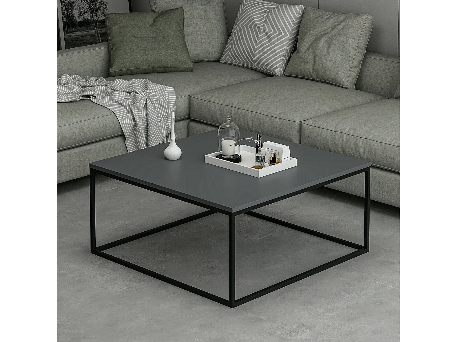 Mesa de café Kailua 1113, Antracita|Negro, 42x90x90cm, Aglomerado laminado, Angular