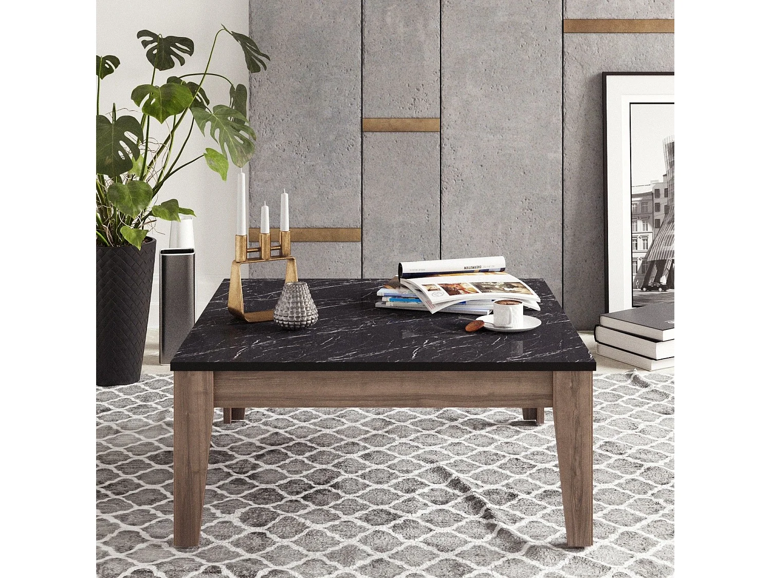 Table basse carré Villette 85x85cm Bois Naturel et Noir effet marbre