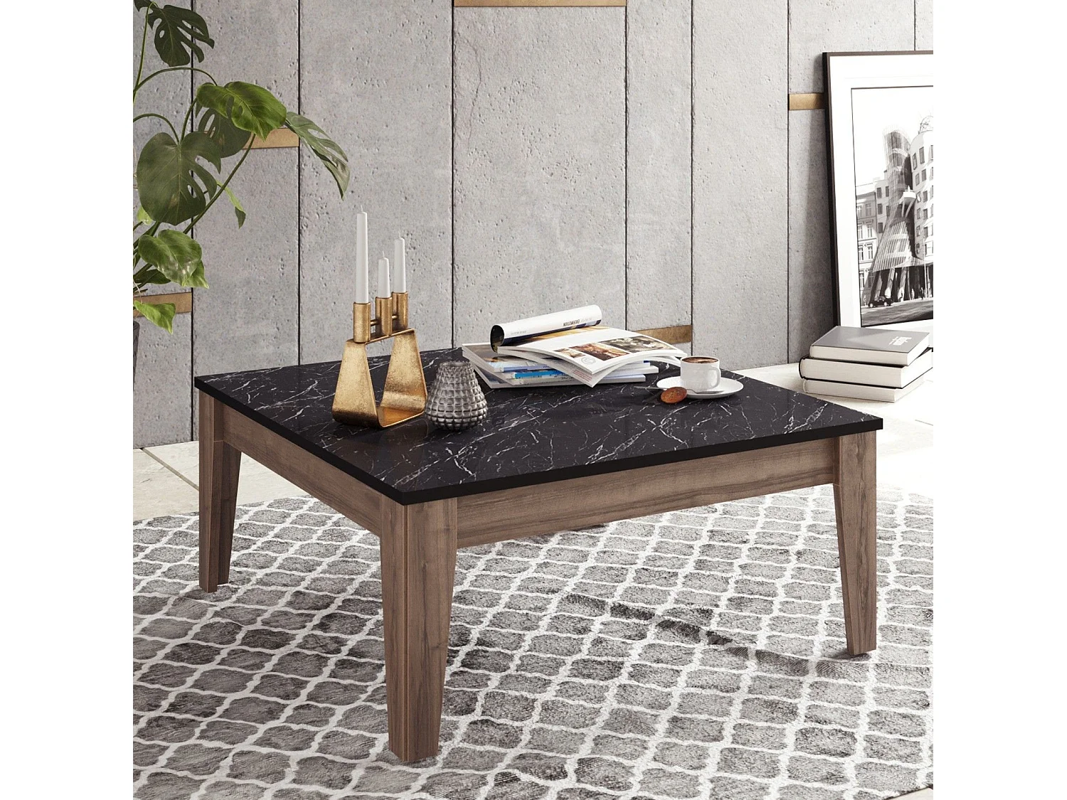 Table basse carré Villette 85x85cm Bois Naturel et Noir effet marbre