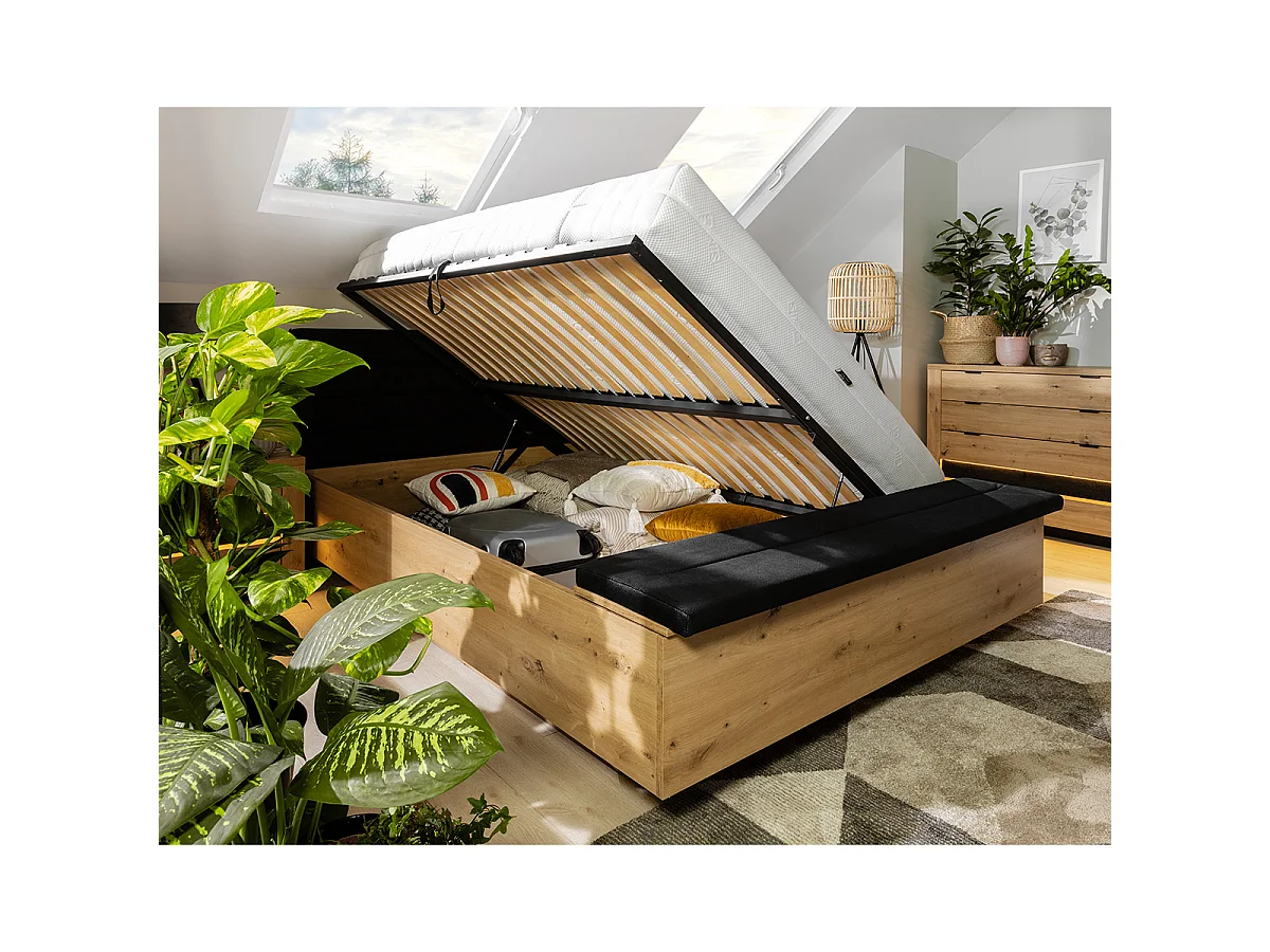 Lit coffre 140x200 avec banc et sommier inclus Glenn Bois et Noir