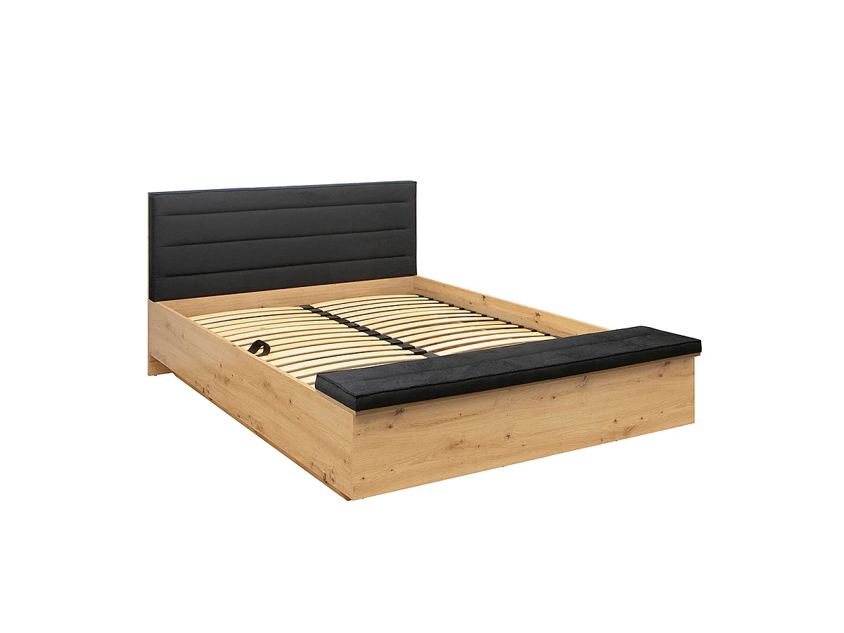 Lit coffre 140x200 avec banc et sommier inclus Glenn Bois et Noir
