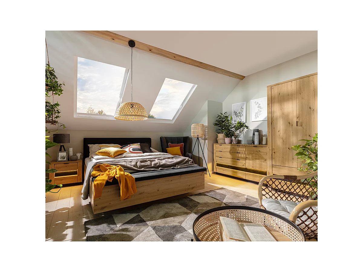 Lit coffre 140x200 avec banc et sommier inclus Glenn Bois et Noir