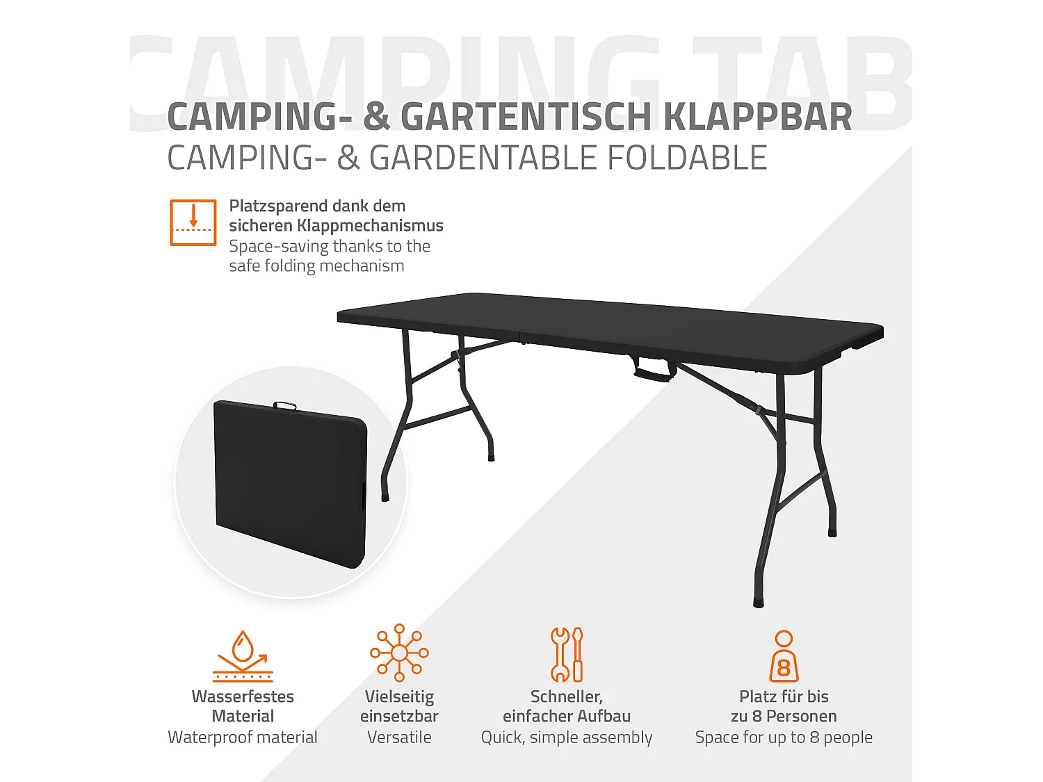 Table de camping pliante noir pour pique nique en plastique HDPE/métal 180x74cm