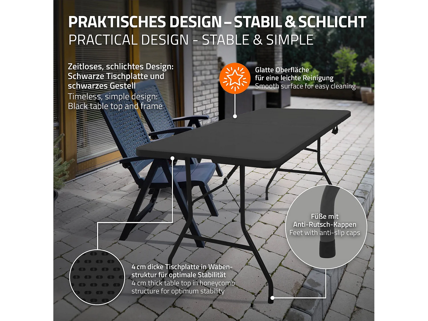 Table de camping pliante noir pour pique nique en plastique HDPE/métal 180x74cm