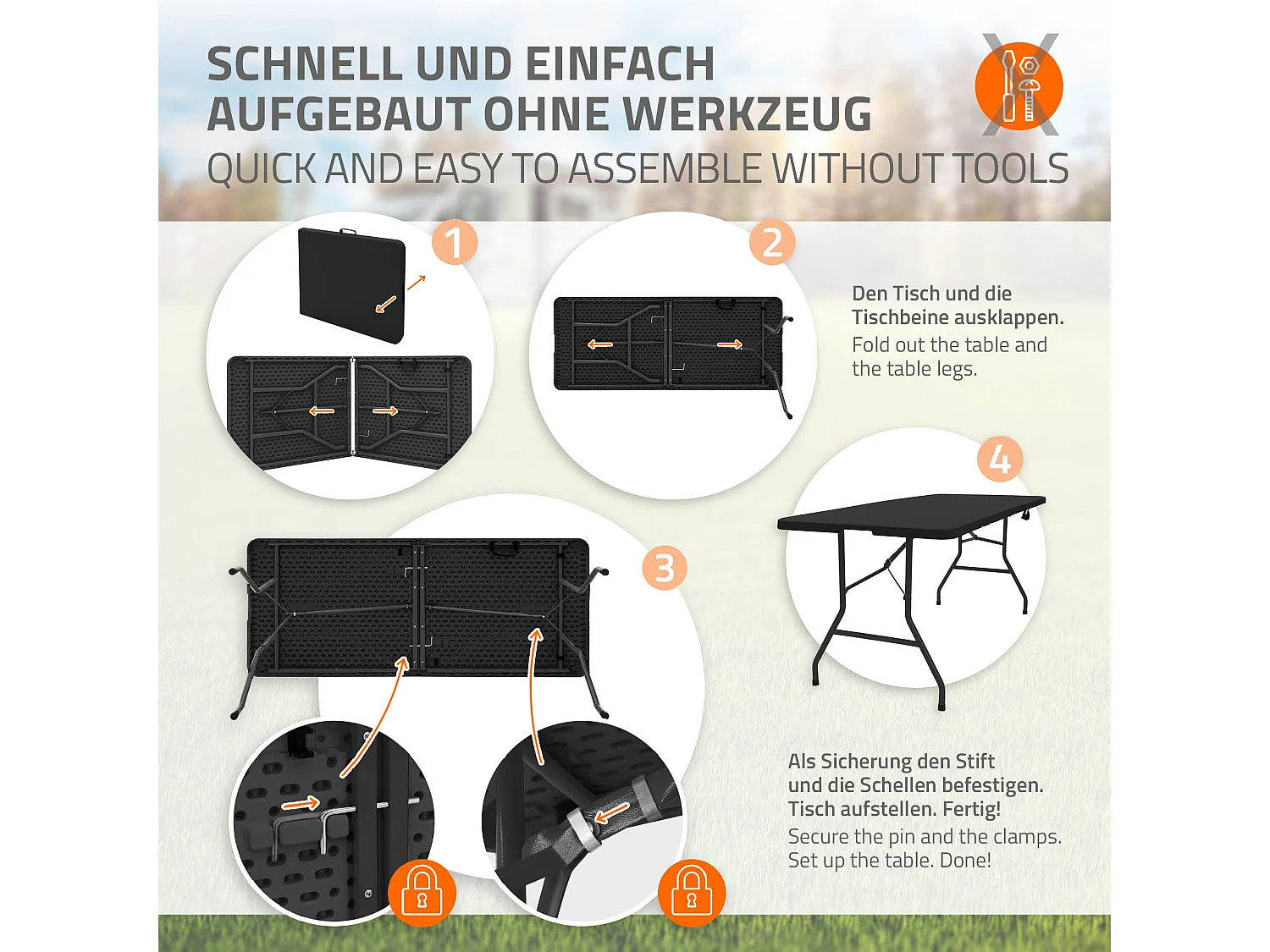 Table de camping pliante noir pour pique nique en plastique HDPE/métal 180x74cm