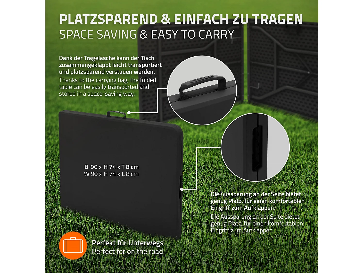 Table de camping pliante noir pour pique nique en plastique HDPE/métal 180x74cm