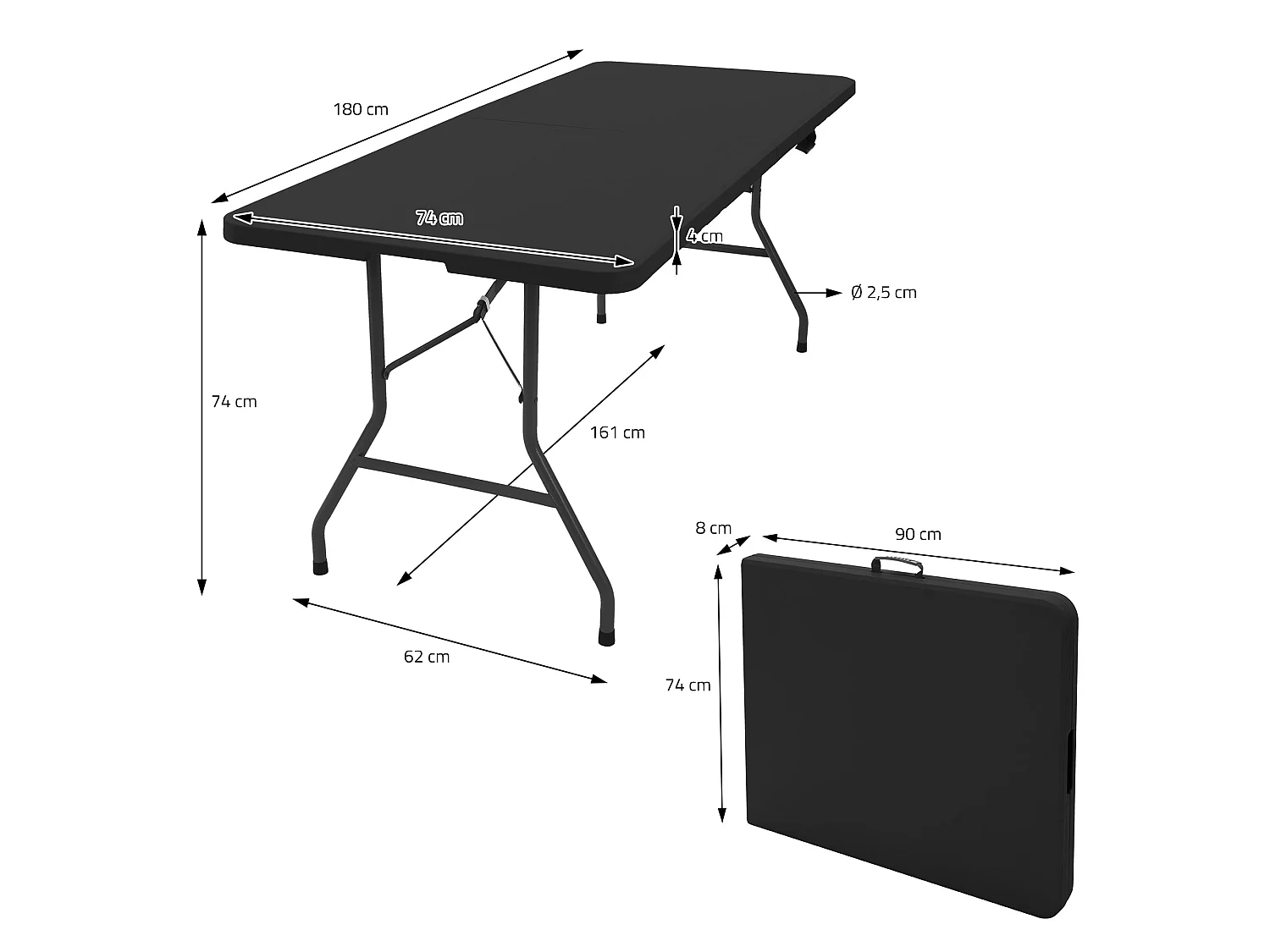 Table de camping pliante noir pour pique nique en plastique HDPE/métal 180x74cm
