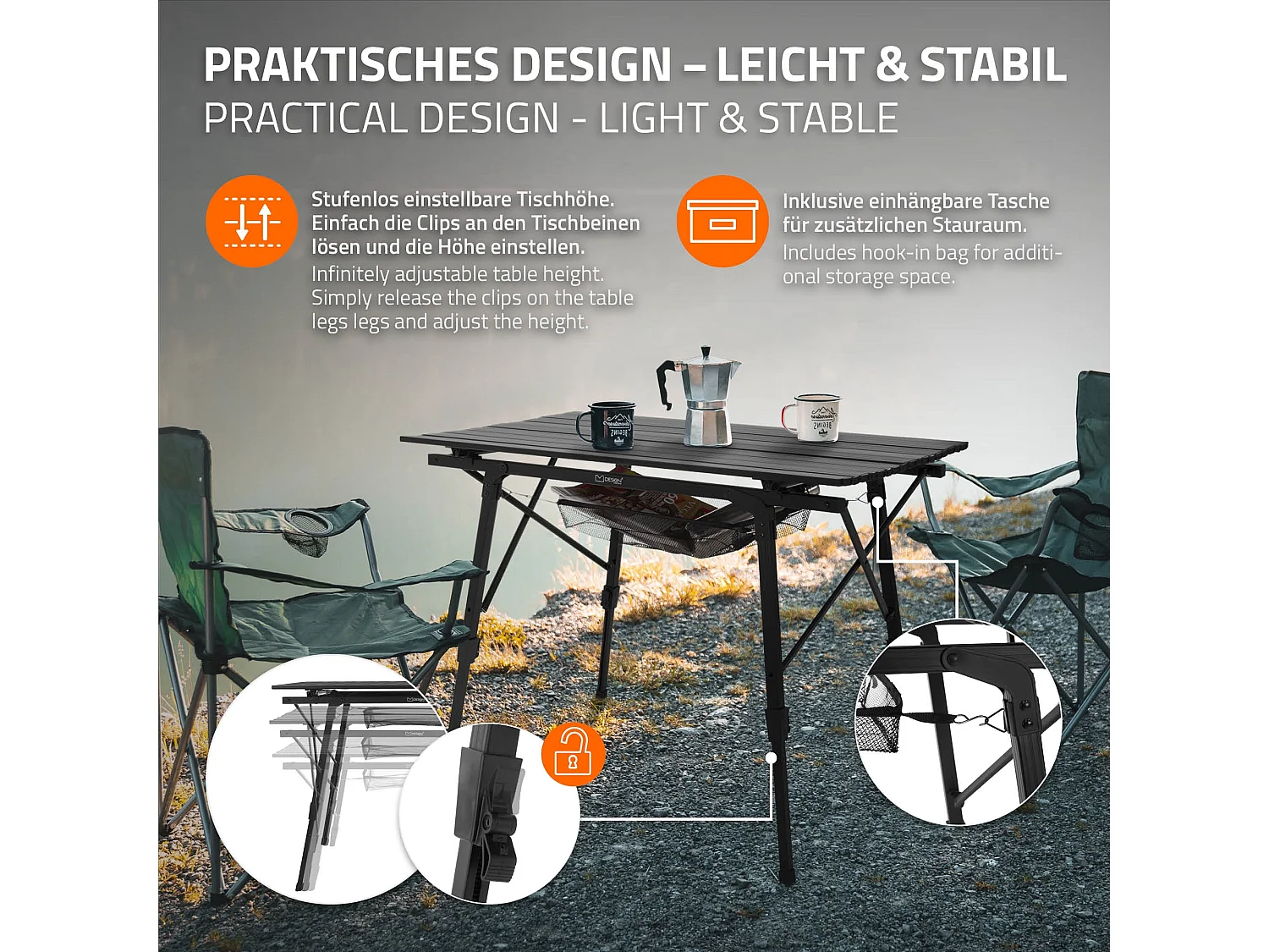 Table de camping pliante aluminium noir plateau enroulable avec sac de transport