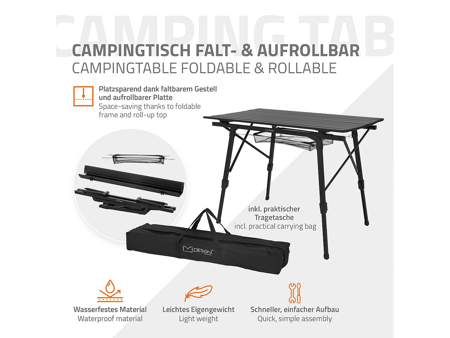 Table de camping pliante aluminium noir plateau enroulable avec sac de transport