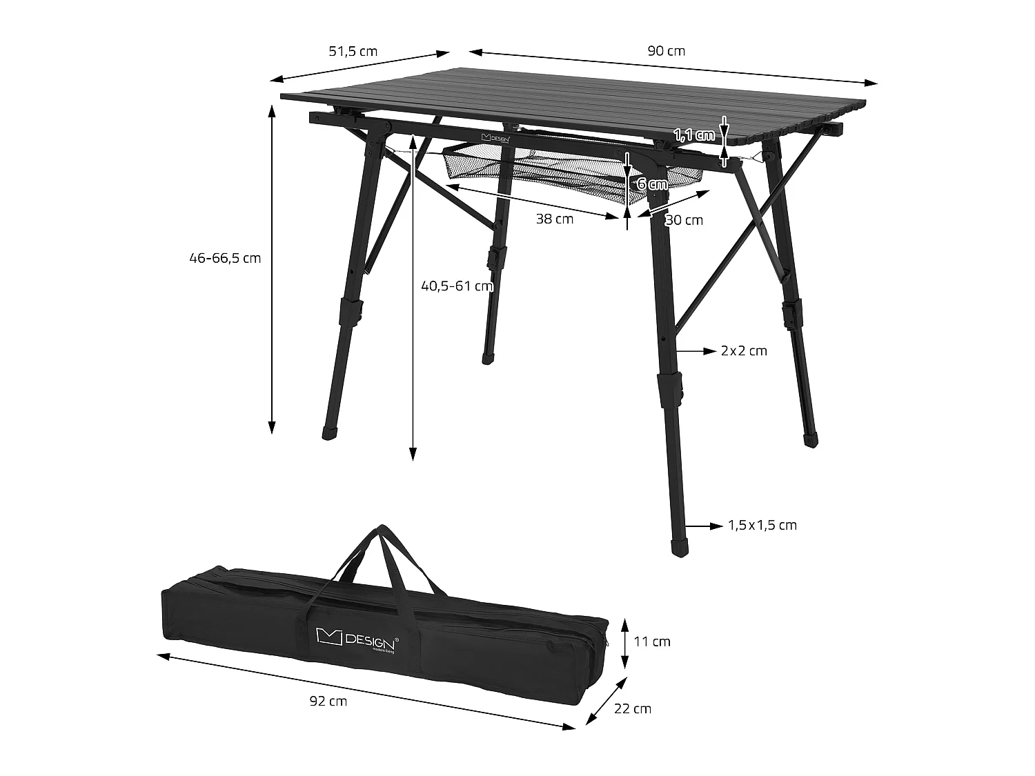 Table de camping pliante aluminium noir plateau enroulable avec sac de transport