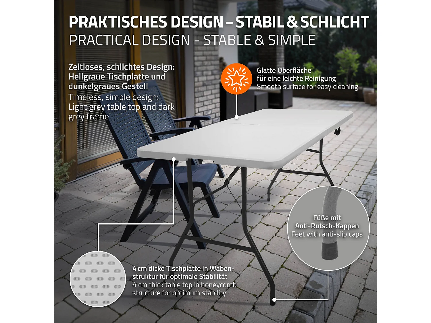 Tavolo pieghevole da campeggio giardino terrazzo 180x74x74cm bianco con maniglia