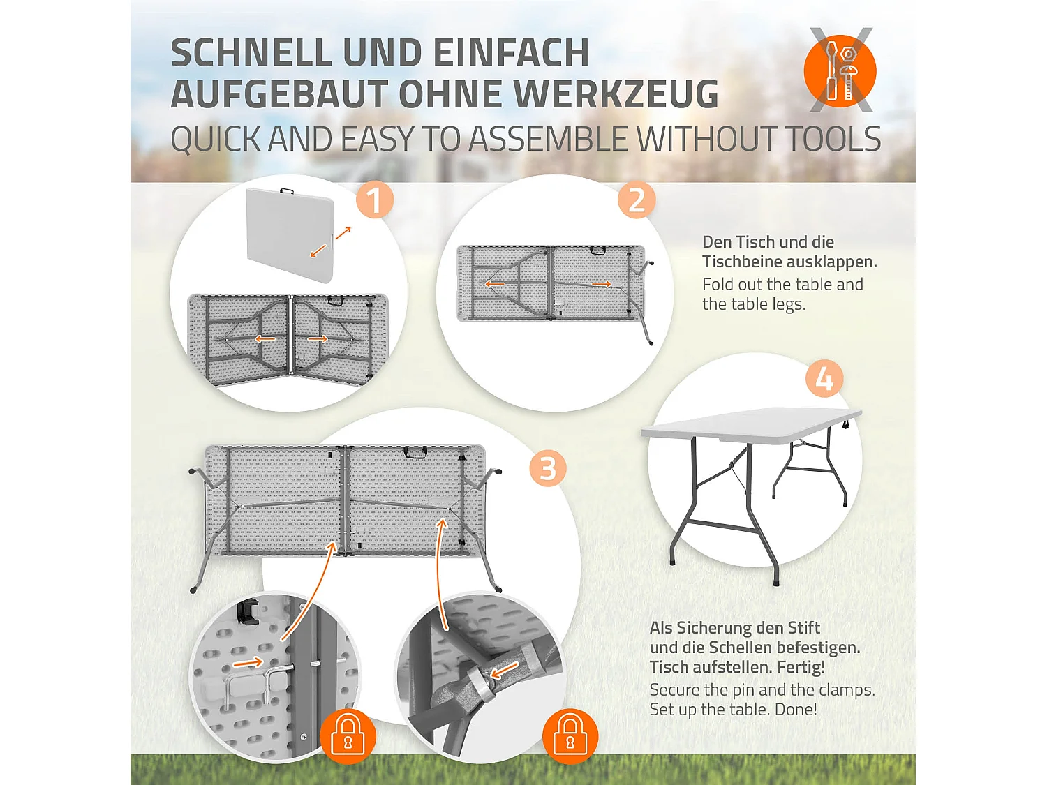 Tavolo pieghevole da campeggio giardino terrazzo 180x74x74cm bianco con maniglia