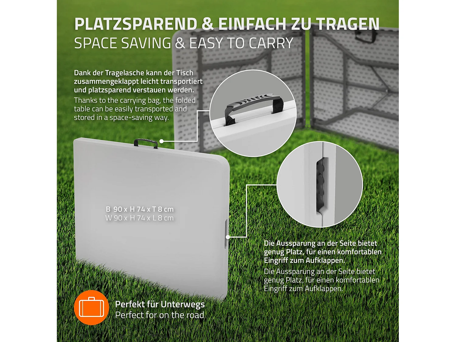 Tavolo pieghevole da campeggio giardino terrazzo 180x74x74cm bianco con maniglia