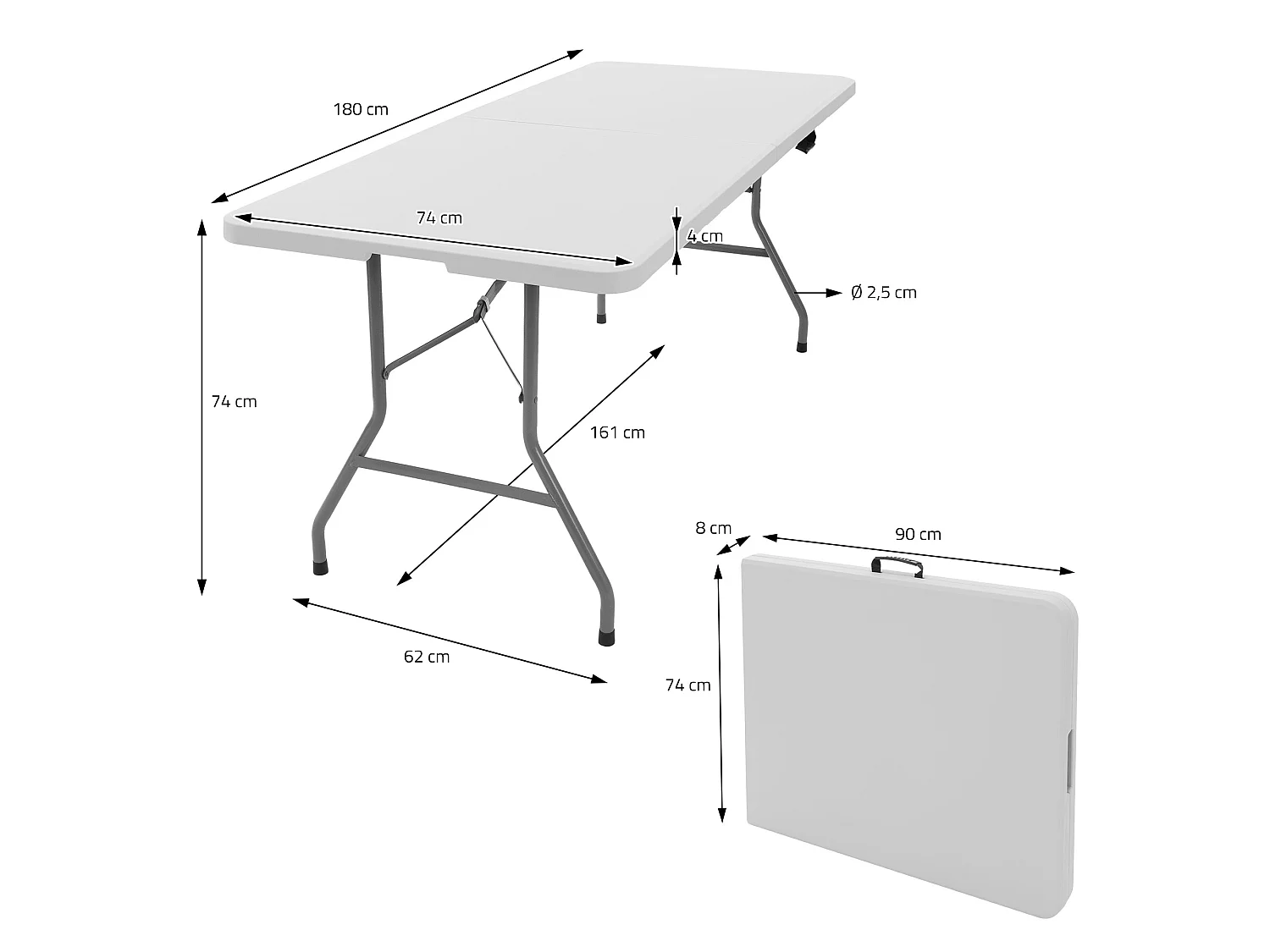 Tavolo pieghevole da campeggio giardino terrazzo 180x74x74cm bianco con maniglia