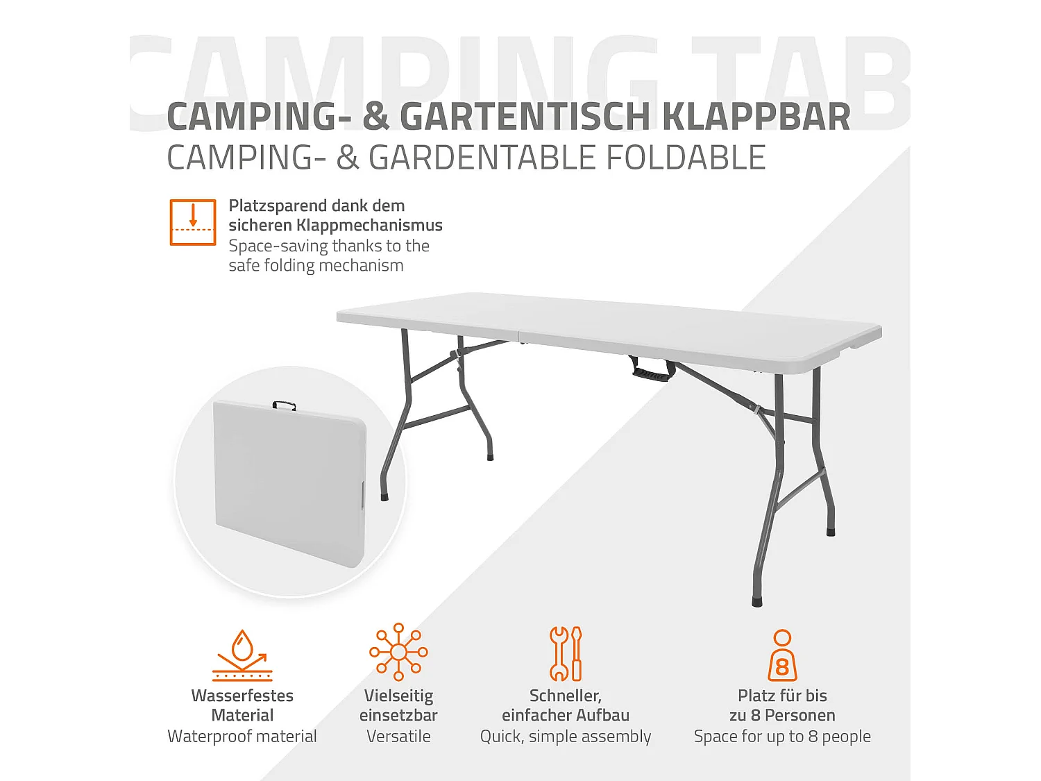 Table de camping pliante blanc pour pique nique en plastique HDPE/métal 180x74cm