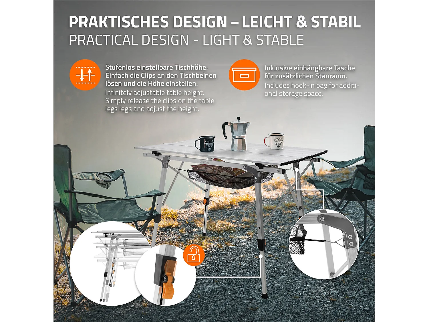 Mesa de camping plegable alumino mesita acampada regulable altura bolsa guardado